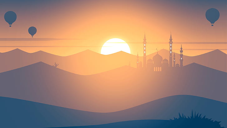 digital art, landscape, mosque, sunset, mountains, minimalism