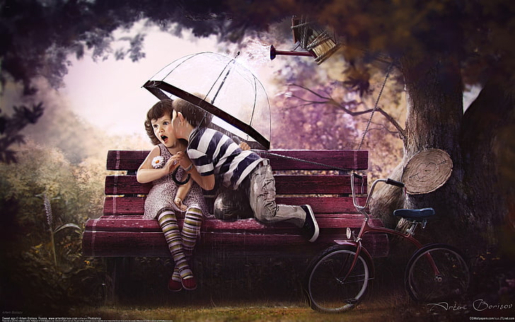 HD wallpaper: boy kissing girl sitting on bench near bike and green leafed  trees illustraiton | Wallpaper Flare
