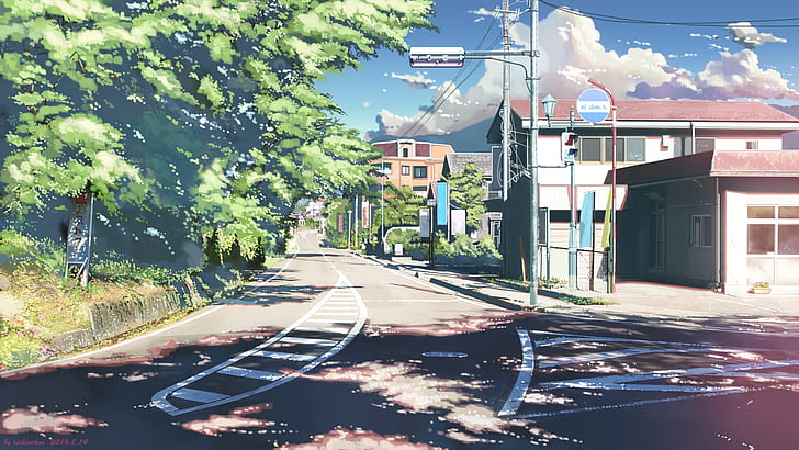 HD wallpaper: anime landscape, road, buildings, trees, sunshine, clouds,  scenic | Wallpaper Flare
