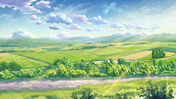 green farm field under cloudy sky painting, landscape, sunlight