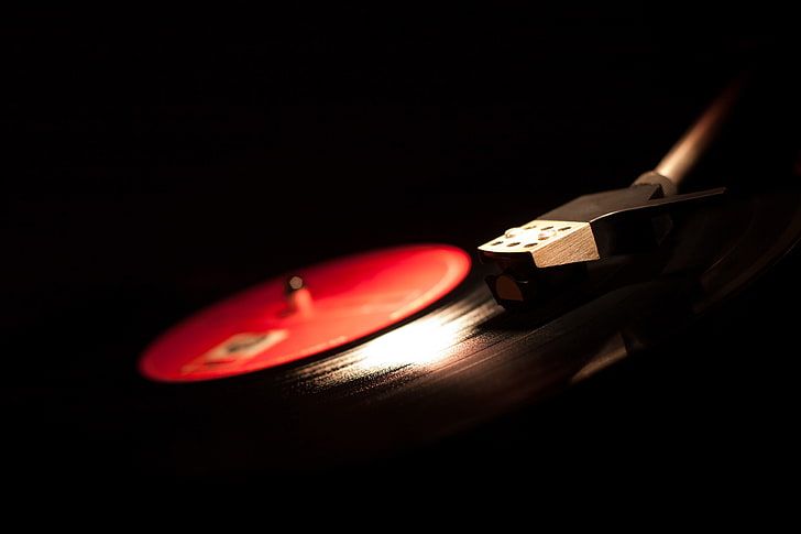 black and red turntable, macro, retro, music, blur, sound, player, HD wallpaper