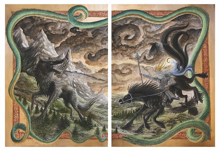 Fantasy, Gods, Crow, Dragon, Loki, Myth, Norse Mythology, Odin, HD wallpaper