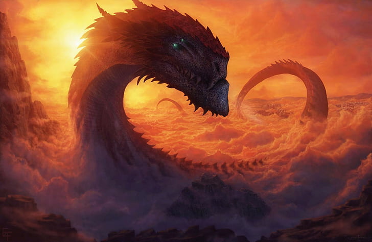 dragon, fantasy art, clouds, sky, sun, HD wallpaper