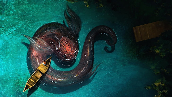 brown and red sea animal painting, fish, boat, fantasy art, dock, HD wallpaper