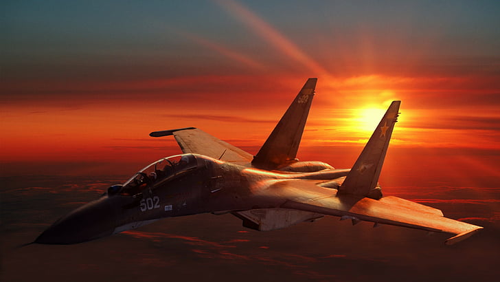 brown jetplane with sunrise background photo, Su-30, Sukhoi, Flanker-C, HD wallpaper