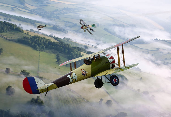 green biplane, the sky, figure, battle, art, fighters, air, aircraft, HD wallpaper