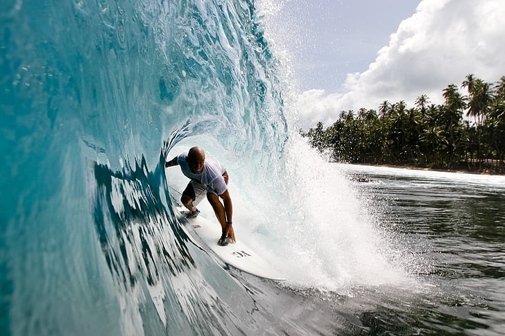 white surfboard, surfers, surfing, sports, sea, water, motion, HD wallpaper