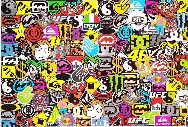 multicolored product lot collage, Sticker Bomb, sticks, bombs, HD wallpaper