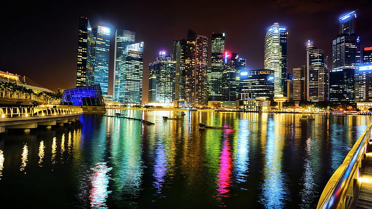 Singapore, Asia, city, night, lights, skyscrapers
