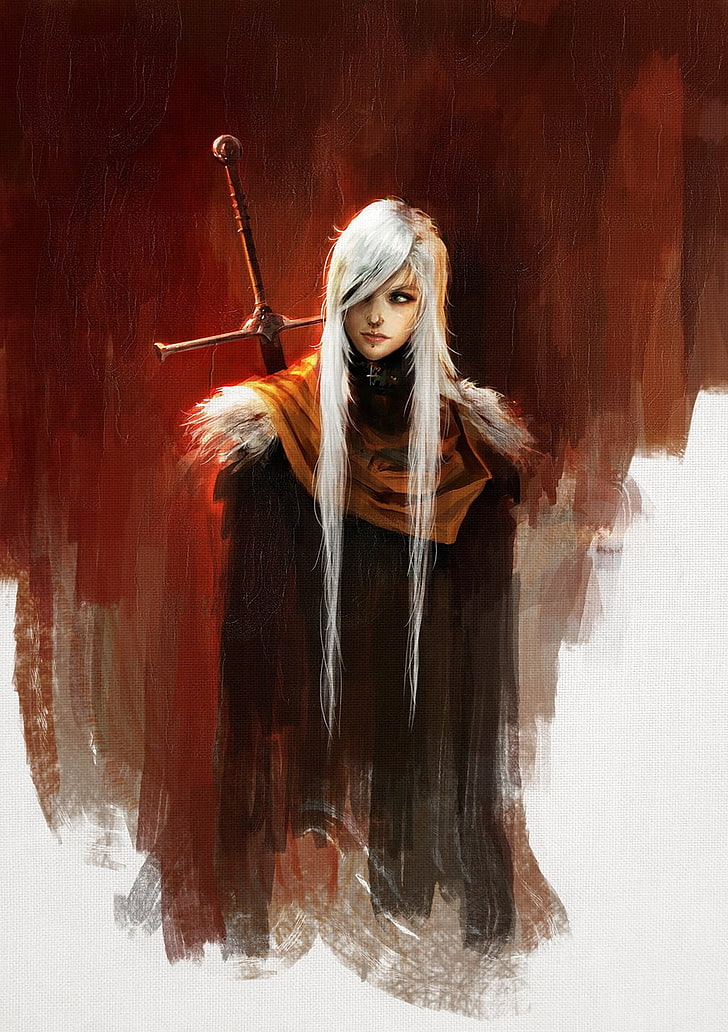 white haired person with sword illustration, warrior, fantasy art