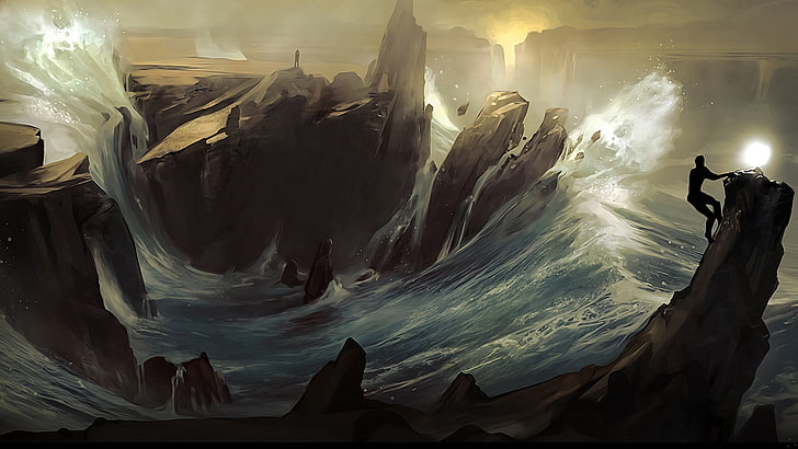 sea waves painting, from dust, mountains, nature, fan art, cave