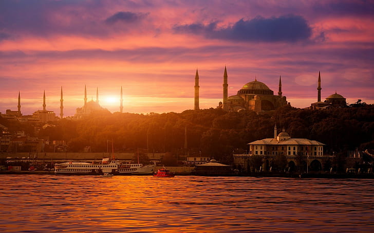 city cityscape istanbul turkey sultan ahmed mosque hagia sophia sea bosphorus sunset ship architecture islamic architecture