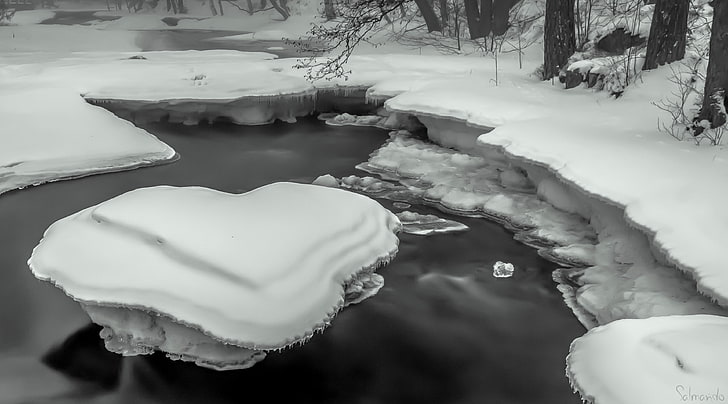 Ice Heart River, Black and White, Winter, Mountain, Frozen, Long, HD wallpaper
