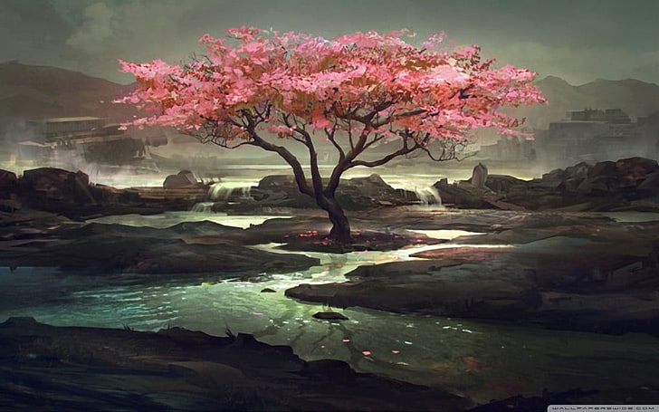 cherry blossom tree digital wallpaper, fantasy art, stream, plant