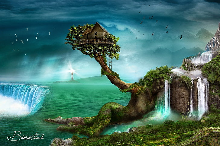 house on top of tree on top of body of water, fantasy art, artwork