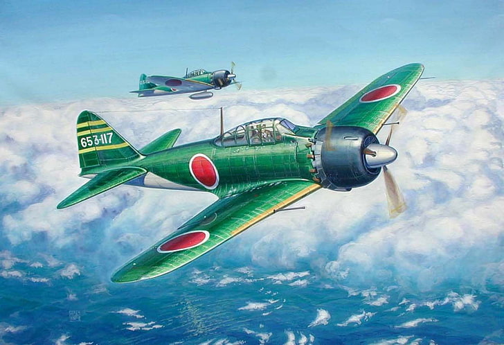 green biplane illustration, Japan, World War II, Zero, Mitsubishi
