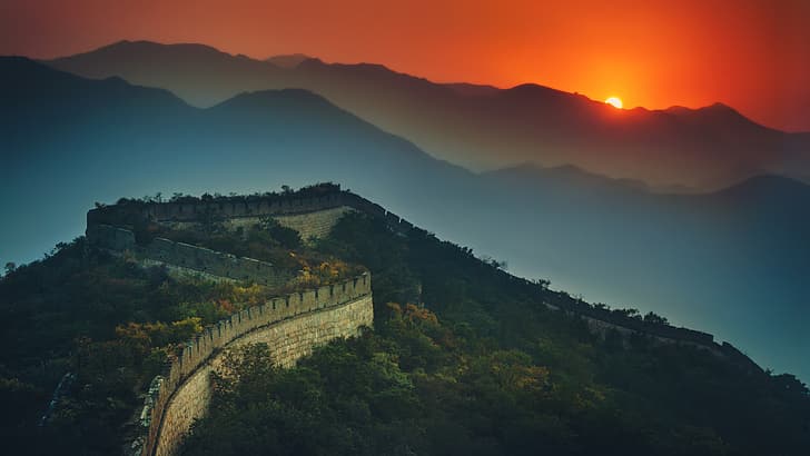 landscape, 4K, Great Wall of China, sunset, mountain top, HD wallpaper