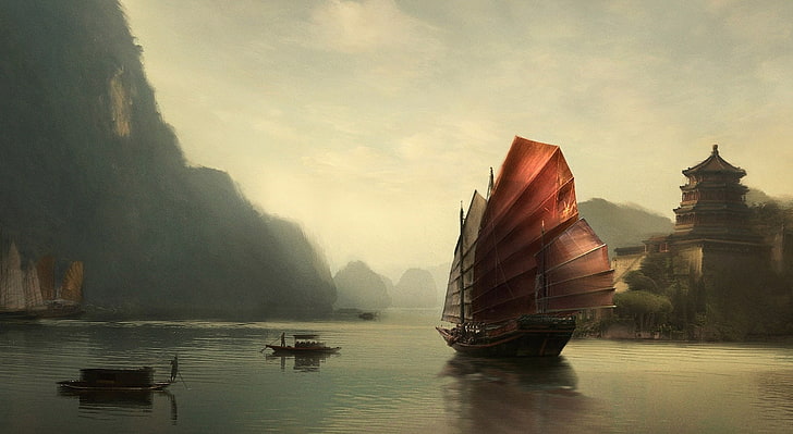 Junk Ship Chinese Painting, brown sailing ship, Artistic, Fantasy