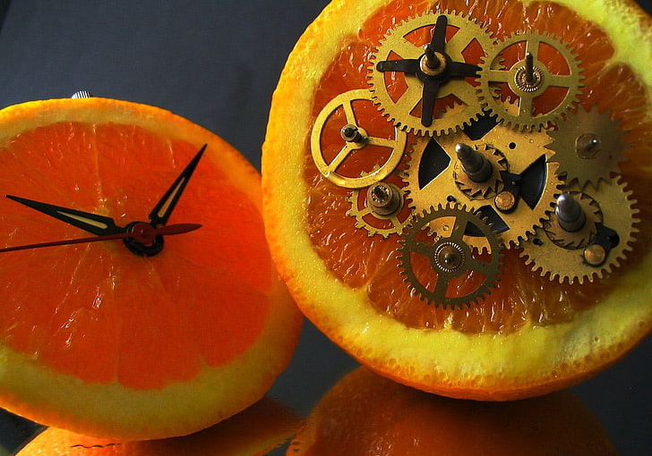 Clockwork Orange, silver analog clock gear and orange, Art And Creative, HD wallpaper