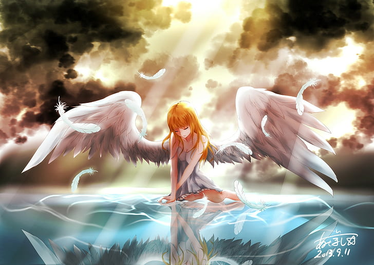 Art, girl, ange, winged female animated character, water, sky, HD wallpaper