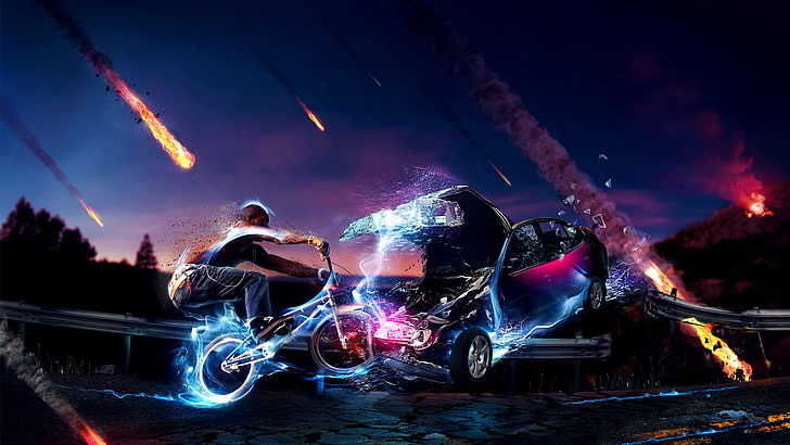 man riding BMX bike digital wallpaper, car, fire, cycle, night