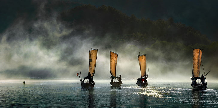 four white sail boats, nature, landscape, mist, hills, forest, HD wallpaper
