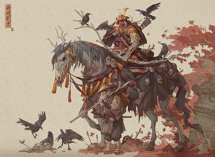 sword, fantasy, armor, skulls, art, katana, men, death, horse, HD wallpaper