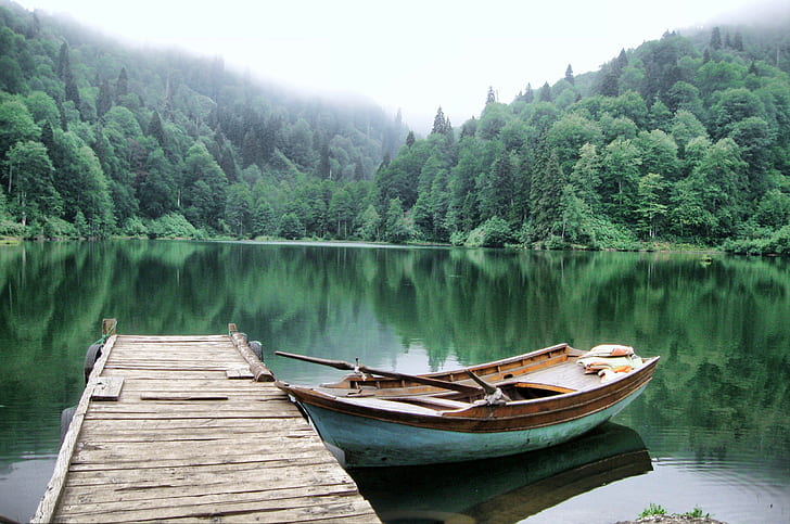 Turkey, Artvin, lake, forest, boat, landscape, HD wallpaper