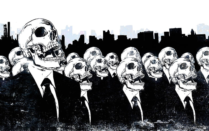 skeleton wearing business attire painting, skull, skyline, artwork, HD wallpaper