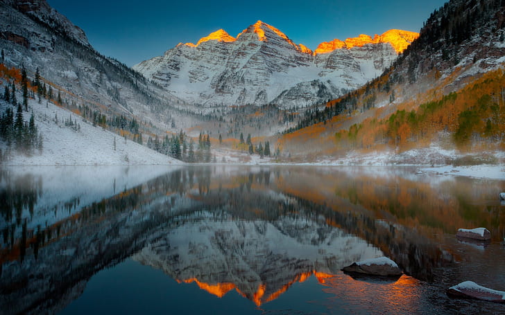 Aspen Mountain Colorado, lake, lake reflection, snow, HD wallpaper