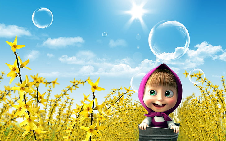 Masha from Masha and the Bear, The SKY, CLOUDS, FLOWERS, BUBBLES