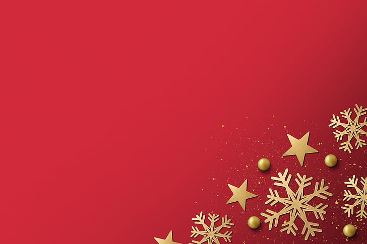 winter, snowflakes, red, background, golden, black, Christmas, HD wallpaper