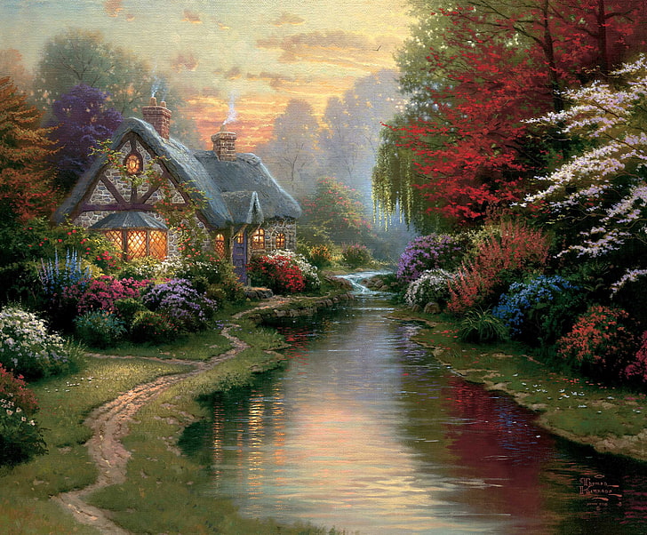 house beside the river painting, light, sunset, flowers, stream