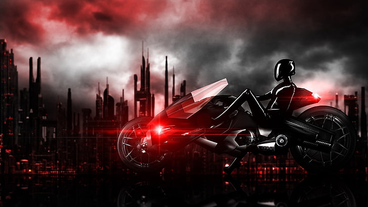 black sports bike illustration, futuristic, cyberpunk, motorcycle, HD wallpaper