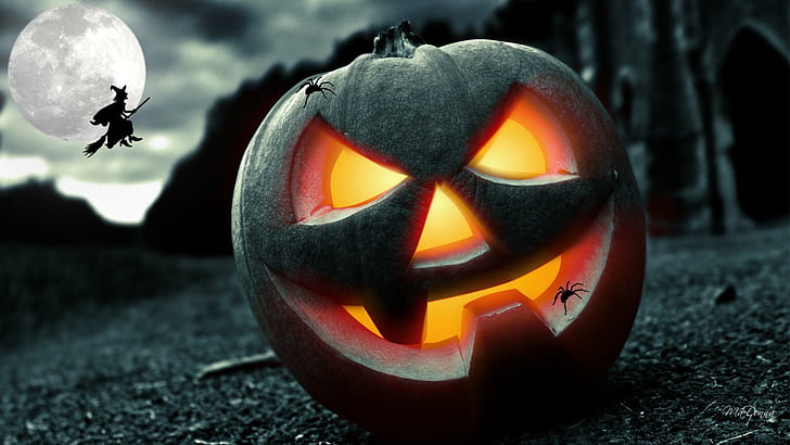 Jack Witch, full moon, jack o lantern, trick or treat, fall, halloween, HD wallpaper