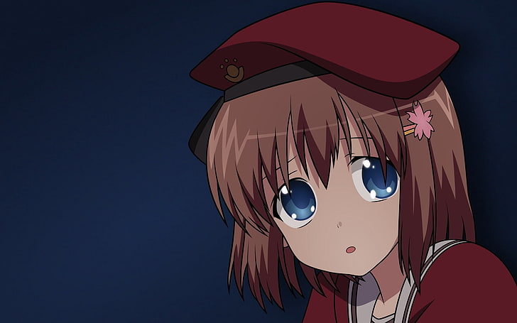 short-haired brown female anime character wearing red hat, 11 eyes