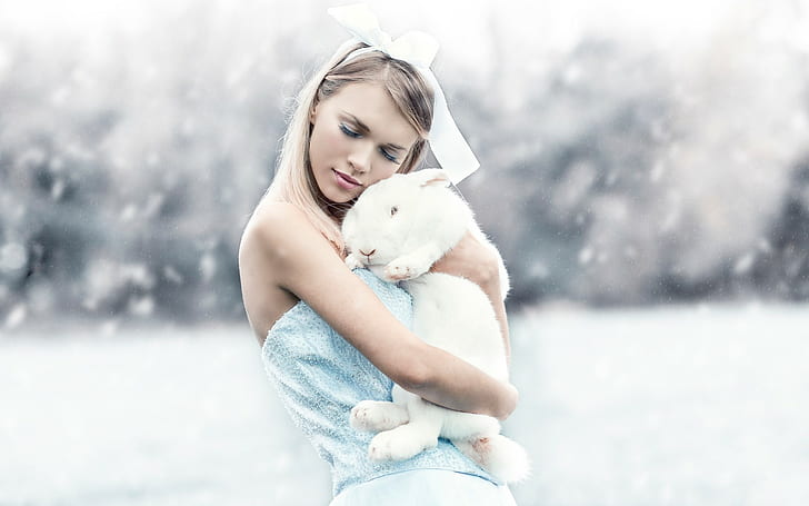 rabbits, animals, closed eyes, winter, outdoors, women outdoors