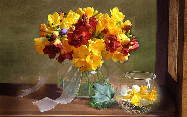 yellow and red petaled flowers in clear glass vase painting, bouquet