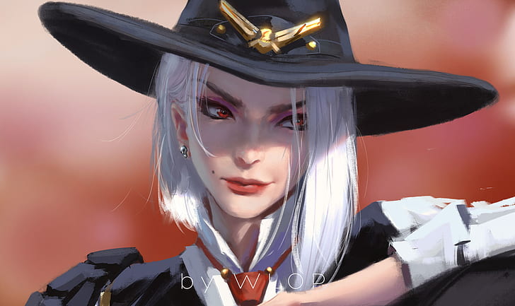 Ashe (Overwatch), white hair, red eyes, artwork, WLOP, PC gaming, HD wallpaper