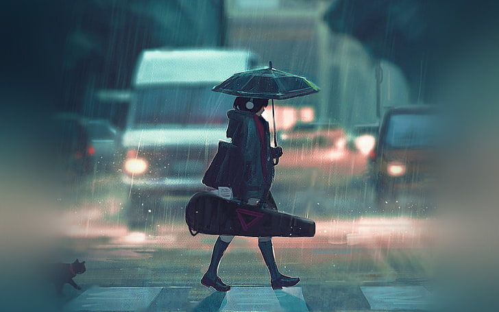 rainy, day, anime, paint, girl, art, illustration, wet, umbrella