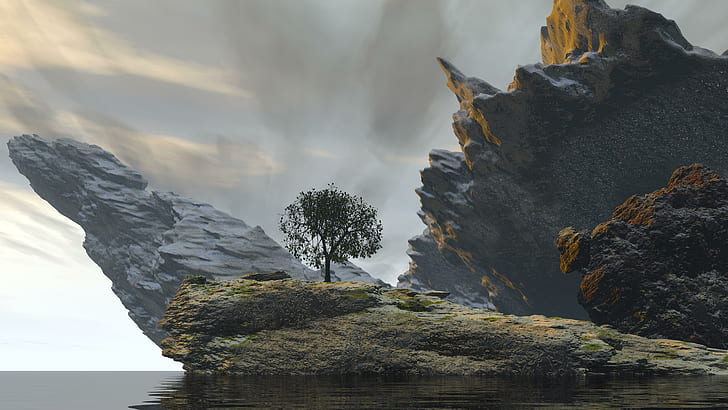 rock, wilderness, mountain, digital art, cliff, digital landscape, HD wallpaper