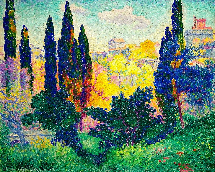 painting of garden, trees, landscape, home, picture, Cypress Trees at Cagnes, HD wallpaper
