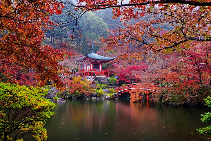 Temples, Daigo-ji, Bridge, Fall, Garden, Japanese Garden, Pagoda, HD wallpaper