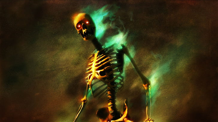 Betrayer, Skull, Glowing Eyes, Video Games, Burning, Bones, skeleton poster, HD wallpaper
