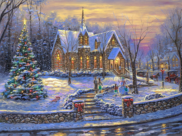 Artistic, Painting, Christmas, Christmas Tree, Church, Snow