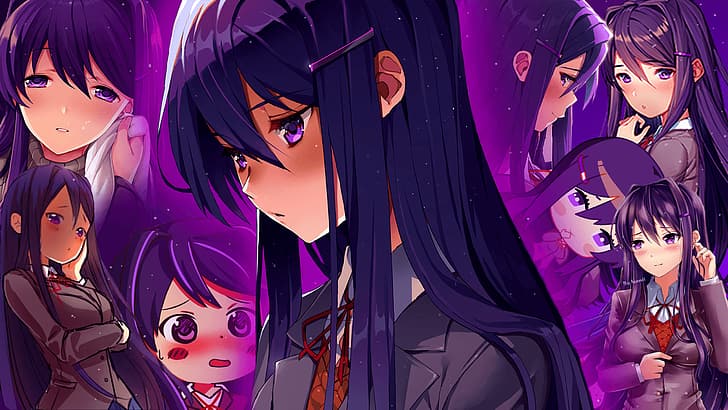 DDLC, Doki Doki Literature Club, purple hair, Yuri (Doki Doki Literature Club), HD wallpaper