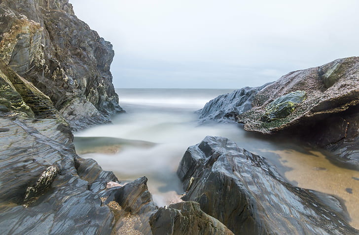 rocks beside beach covered in fogs, Long Exposure, Hoya, Stop, HD wallpaper