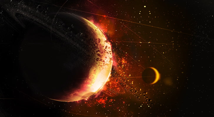 Saturn, two large and small red planets digital wallpaper, Space