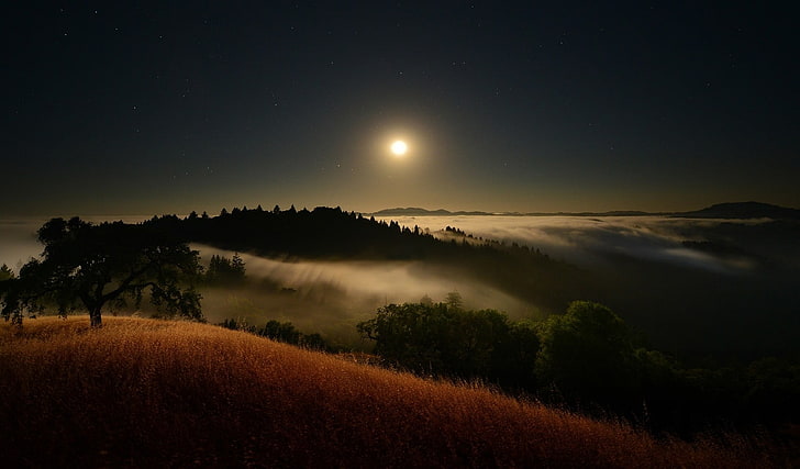 full moon and white clouds, moonlight, starry night, mist, hills, HD wallpaper