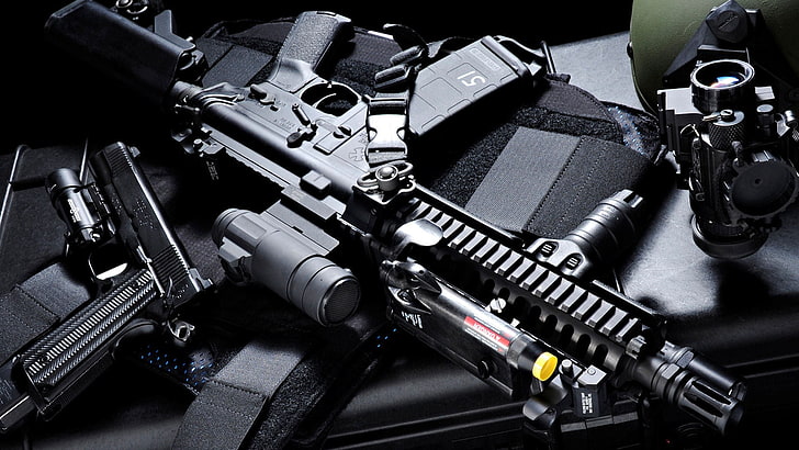 weapon, military, gun, AR-15, 1911, technology, no people, indoors